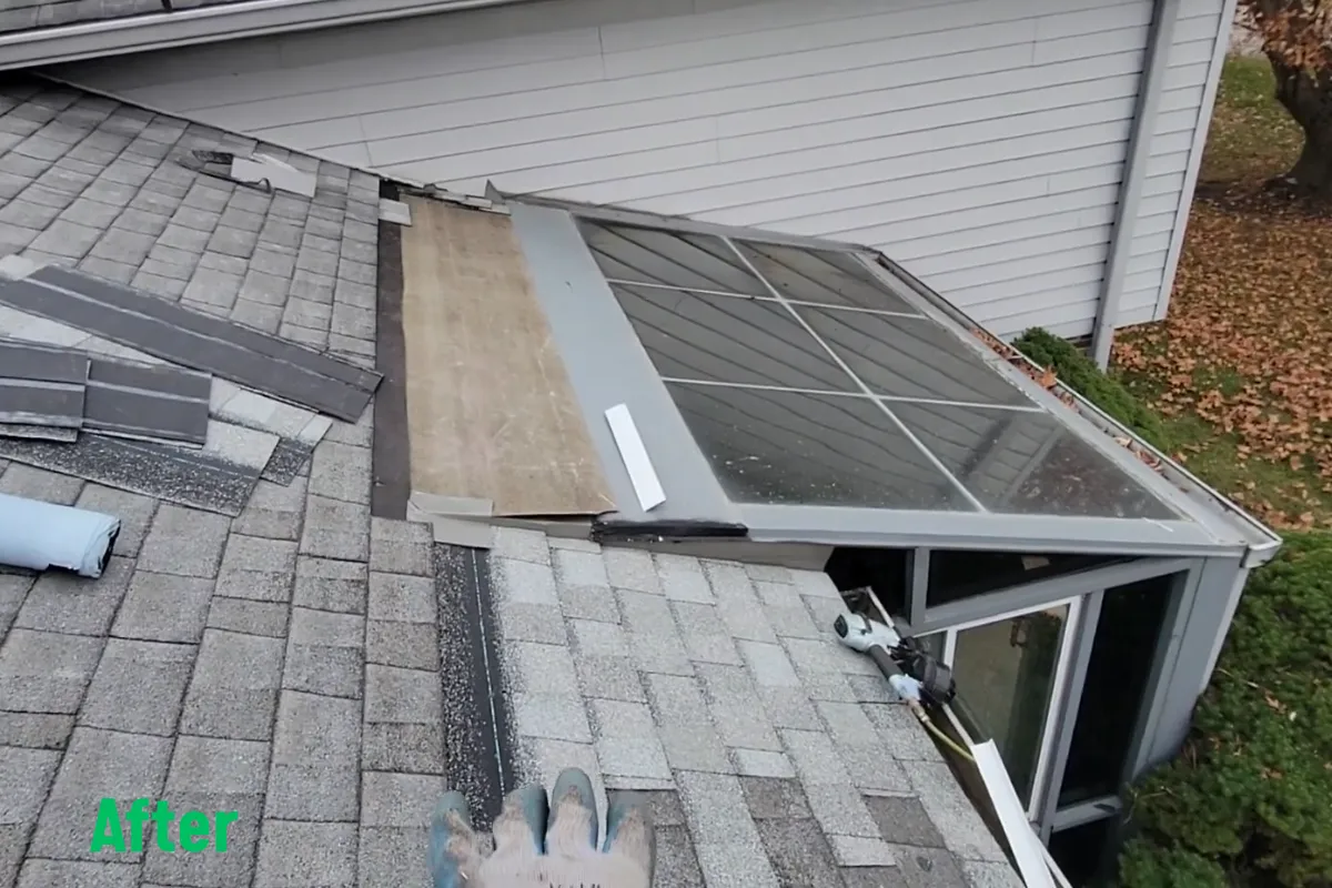 After decking repair: new underlayment and flashing base installed beside a sunroom roof connection in Sunnyvale