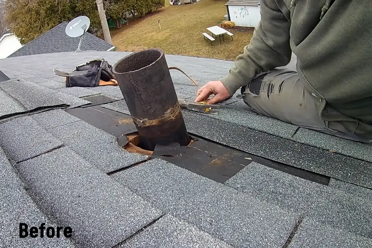 Rusted roof vent pipe before repair in Lakewood Village, Sunnyvale, CA